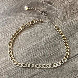 Gold Tone Pavé Cuban Link Necklace with Faux Diamonds